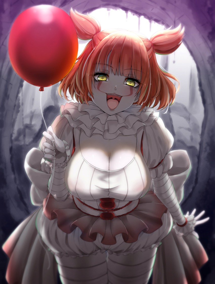 1girl, balloon, bandages, bloomers, breasts, cleavage, clown, facepaint, frills, genderswap, genderswap_(mtf), highres, holding, it_(stephen_king), lips, neck_ruff, orange_hair, pennywise, short_hair, short_twintails, solo, thighhighs, twintails, underwear, yellow_eyes