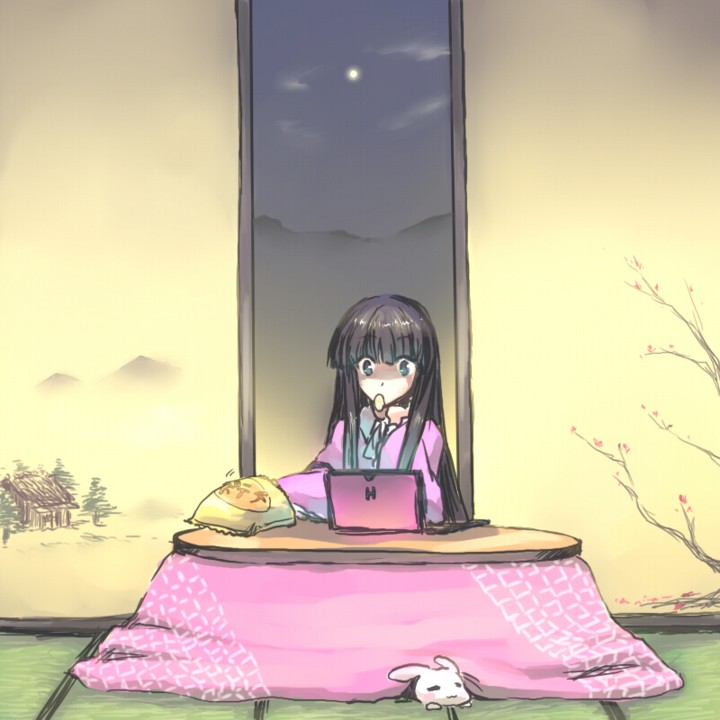 1girl, black_hair, blue_eyes, chips_(food), computer, female_focus, food, houraisan_kaguya, kotatsu, laptop, moon, mouth_hold, neet, onimaru_gonpei, rabbit, solo, table, tatami, touhou