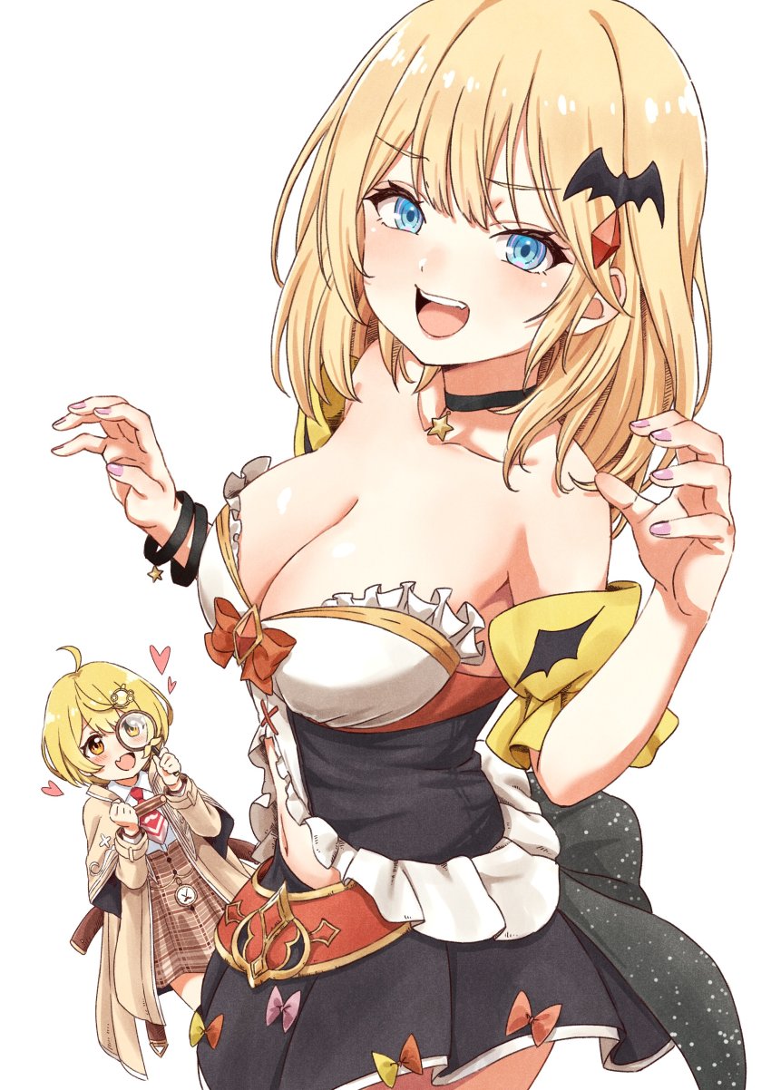 2girls, absurdres, ahoge, arm_garter, bare_shoulders, bat_hair_ornament, black_choker, black_dress