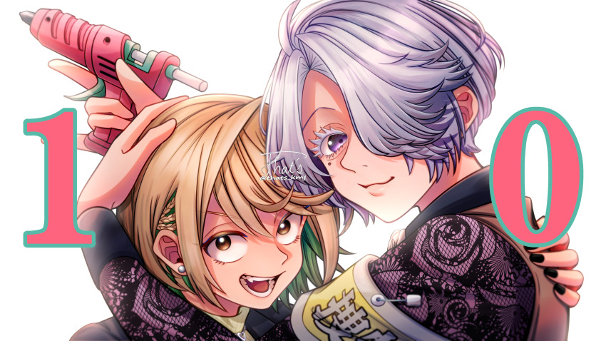 1boy, 1girl, absurdres, armband, black_nails, blonde_hair, countdown, ear_piercing