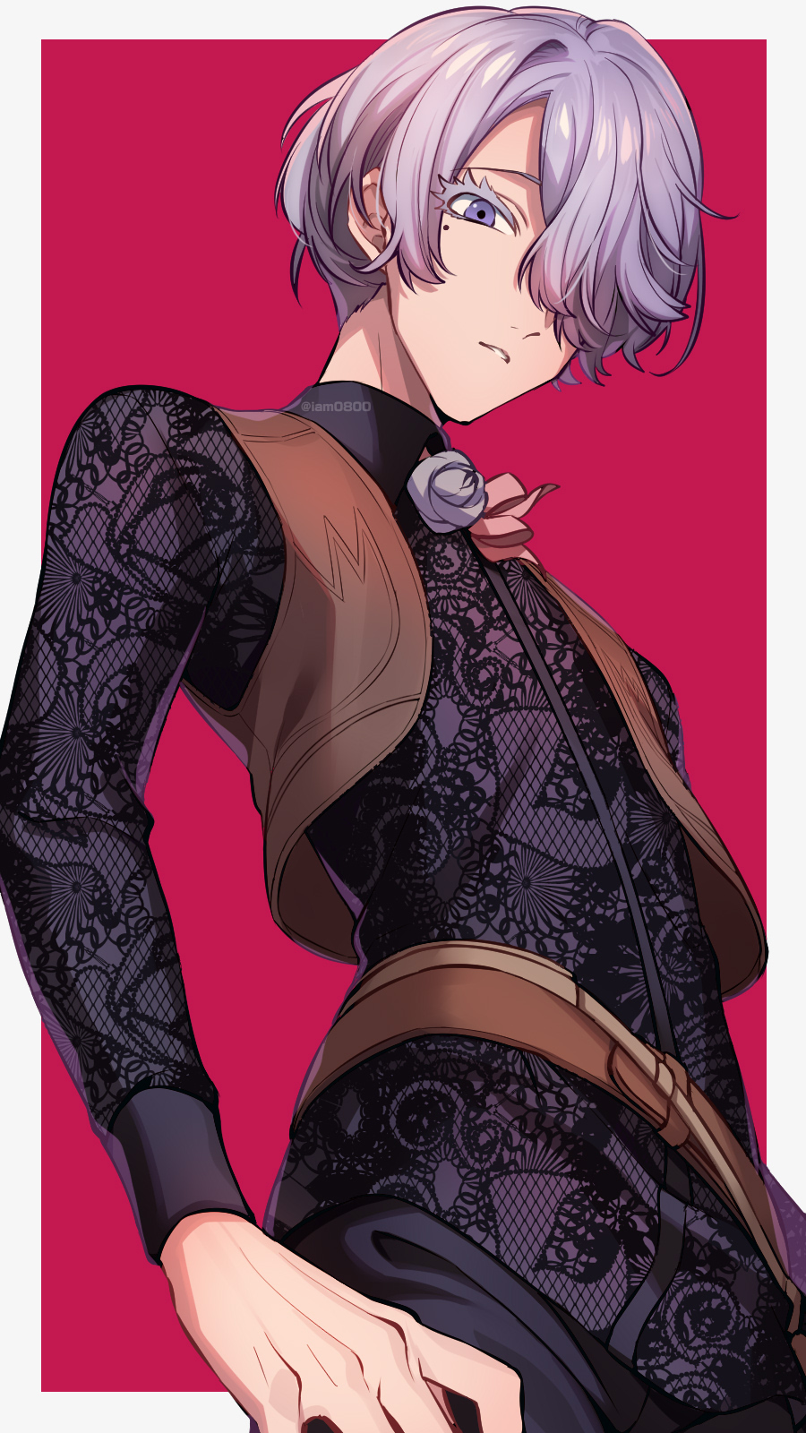 1boy, asada_hachi, brown_vest, commentary_request, hair_over_one_eye, highres, hito_barahiko, kemono_jihen, lace, long_sleeves, looking_at_viewer, male_focus, mole, mole_under_eye, purple_eyes, red_background, short_hair, silver_hair, simple_background, solo, standing, twitter_username, vest, watermark