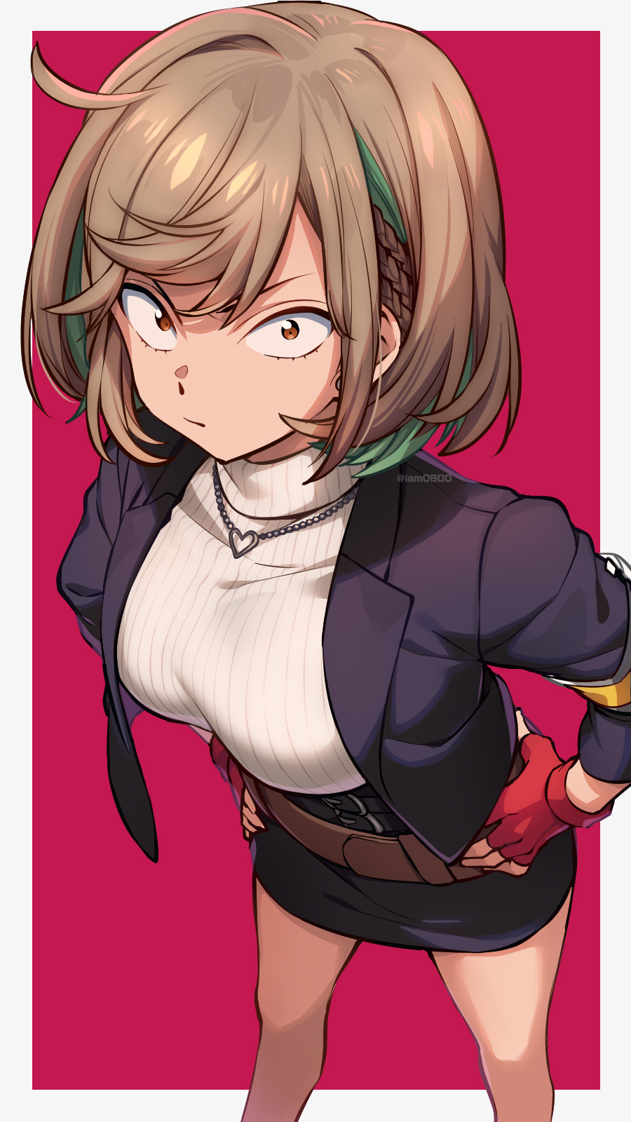 1girl, ahoge, asada_hachi, belt, black_belt, black_jacket, black_skirt, border, braid, breasts, brown_eyes, brown_hair, closed_mouth, commentary_request, fingerless_gloves, gloves, green_hair, hands_on_own_hips, heart, heart_necklace, highres, hinata_haruka_(kemono_jihen), jacket, jewelry, kemono_jihen, large_breasts, looking_at_viewer, multicolored_hair, necklace, open_clothes, open_jacket, outside_border, pencil_skirt, red_background, red_gloves, ribbed_sweater, short_hair, simple_background, skirt, solo, standing, streaked_hair, sweater, turtleneck, turtleneck_sweater, twitter_username, watermark, white_border, white_sweater