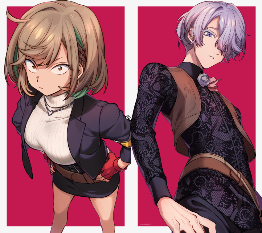 1boy, 1girl, ahoge, asada_hachi, belt, black_belt, black_jacket, black_skirt, border, braid, breasts, brown_eyes, brown_hair, brown_vest, closed_mouth, commentary_request, fingerless_gloves, gloves, green_hair, hair_over_one_eye, hands_on_own_hips, heart, heart_necklace, highres, hinata_haruka_(kemono_jihen), hito_barahiko, jacket, jewelry, kemono_jihen, lace, large_breasts, looking_at_viewer, mole, mole_under_eye, multicolored_hair, necklace, open_clothes, open_jacket, outside_border, parted_lips, pencil_skirt, purple_eyes, red_gloves, ribbed_sweater, short_hair, silver_hair, skirt, standing, streaked_hair, sweater, turtleneck, turtleneck_sweater, twitter_username, vest, watermark, white_border, white_sweater