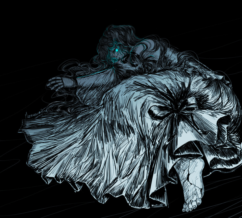 1girl, aqua_eyes, bare_shoulders, barefoot, black_background, clothing_cutout, cracked_skin, curly_hair, dark, doll_joints, dress, evillious_nendaiki, fetal_position, foreshortening, frilled_dress, frills, glowing, glowing_eye, hatsune_miku, highres, horror_(theme), joints, looking_at_viewer, lying, margarita_blankenheim, matryoshka-ruth, messy_hair, missing_eye, monochrome, nemurase_hime_kara_no_okurimono_(vocaloid), on_side, ribbon-trimmed_clothes, ribbon_trim, shoulder_cutout, solo, twintails, vocaloid