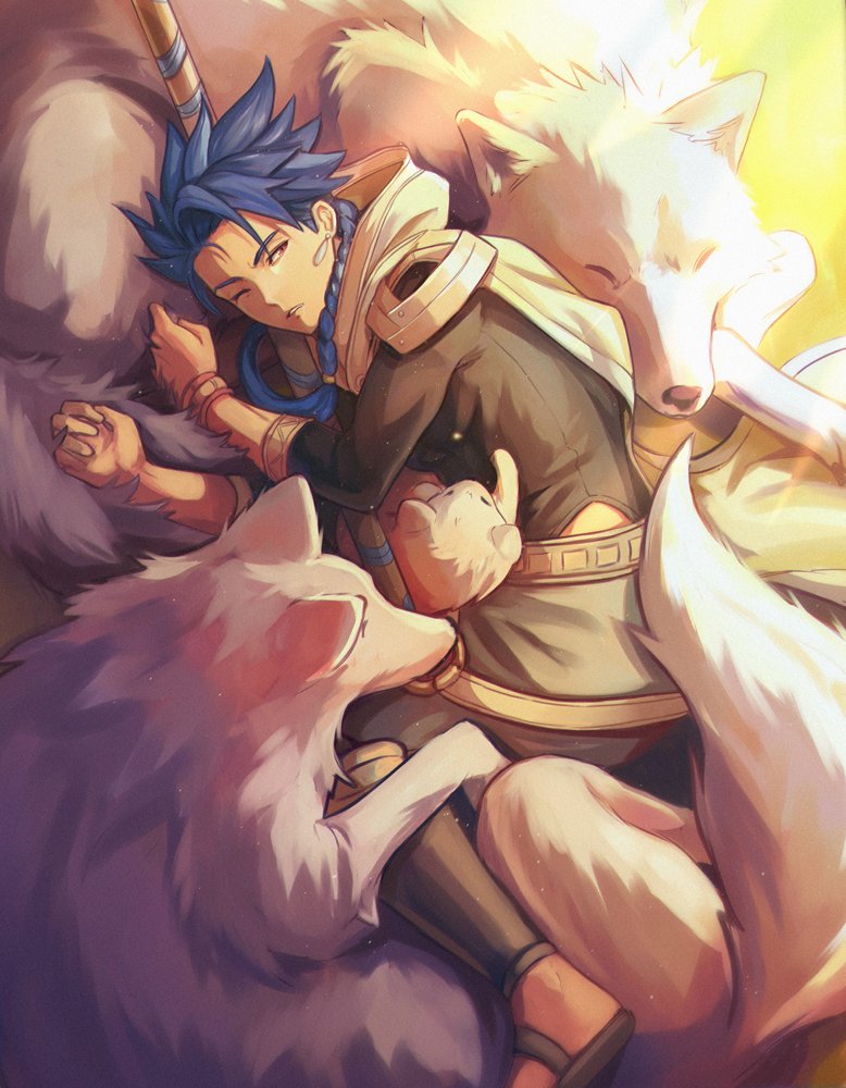 1boy, 3others, animal, asymmetrical_bangs, baby_animal, belt, blue_hair, bodysuit, bodysuit_under_clothes, bracelet, braid, braided_ponytail, cape, cu_chulainn_(fate), dog, earrings, fate/grand_order, fate/grand_order_arcade, fate_(series), gravesecrets, hood, hood_down, hooded_cape, jewelry, long_hair, long_sleeves, looking_to_the_side, lying, male_focus, multiple_others, on_side, one_eye_closed, ponytail, puffy_pants, puppy, red_eyes, sandals, setanta_(fate), single_braid, spiked_hair, staff, white_wolf