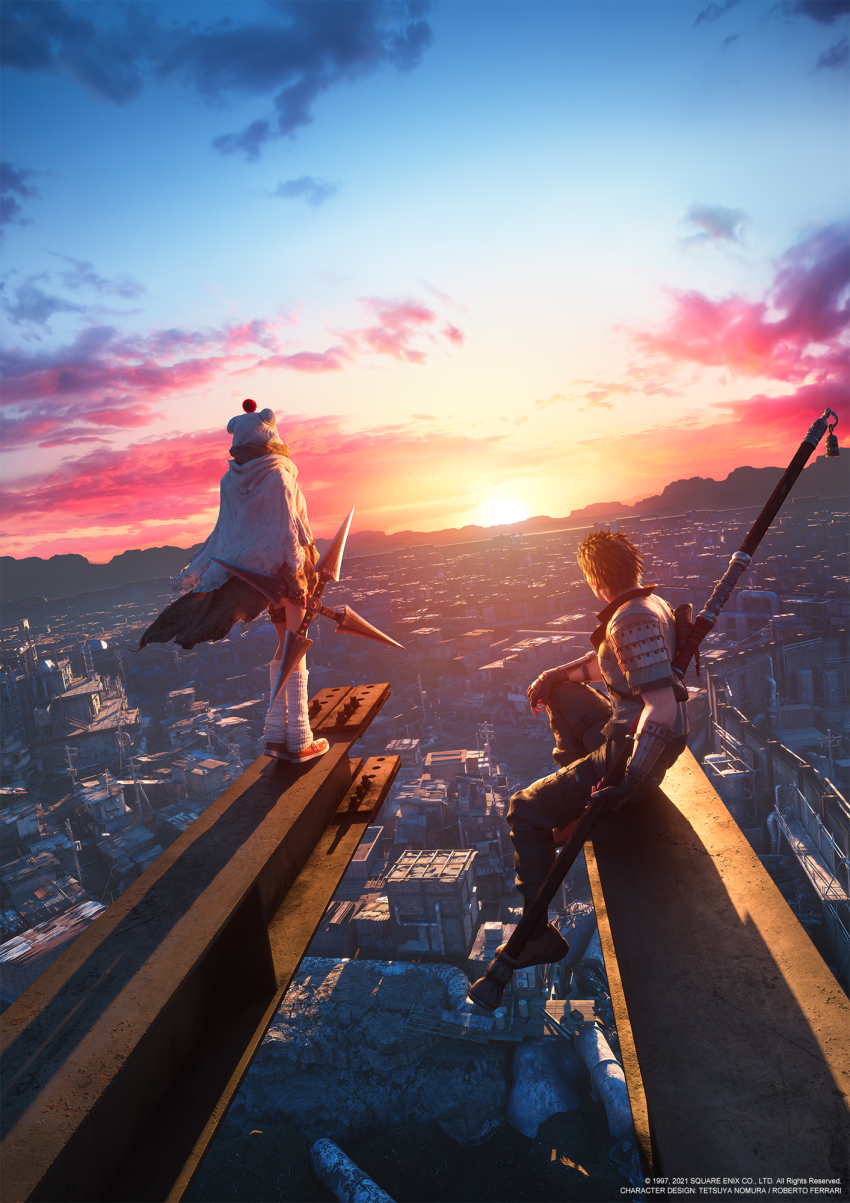 1boy, 1girl, 3d, city, cloak, final_fantasy, final_fantasy_vii, final_fantasy_vii_remake