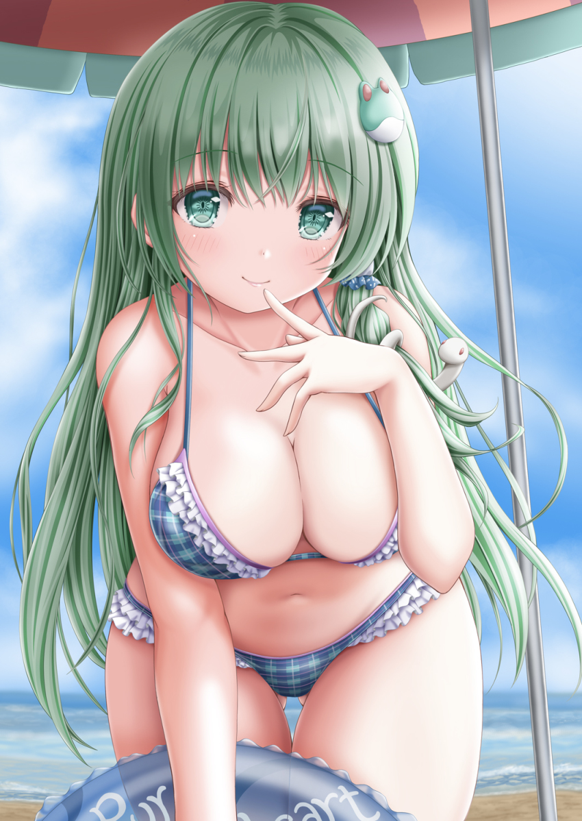 1girl, akino_irori, alternate_costume, arm_under_breasts, arm_up, beach, beach_umbrella, bikini