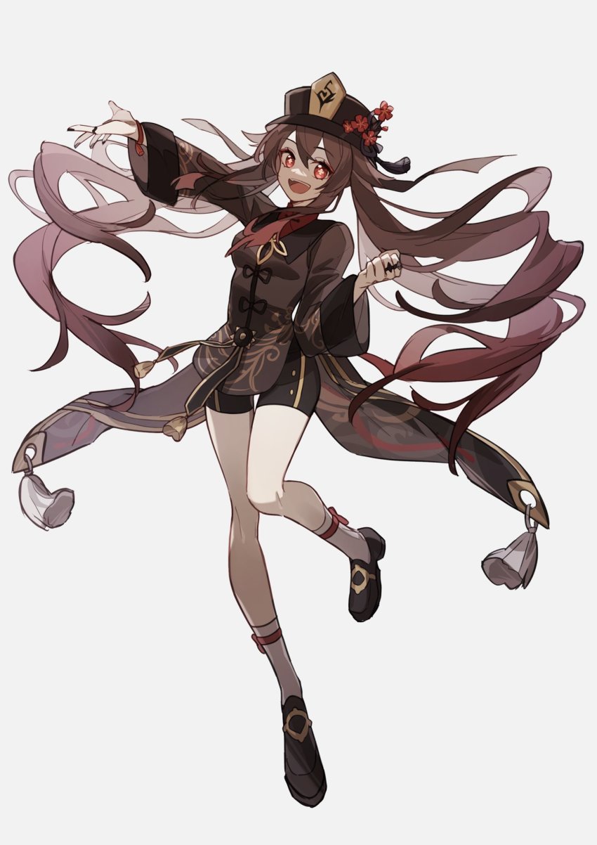 1girl, :d, arm_up, bamu_(bamu0504), bare_legs, black_dress, black_hat, black_nails, black_shoes, black_shorts, bracelet, brown_hair, commentary, dress, flower, flower-shaped_pupils, full_body, genshin_impact, hat, hat_flower, highres, hu_tao_(genshin_impact), jewelry, long_hair, long_sleeves, looking_at_viewer, mary_janes, multiple_rings, nail_polish, open_mouth, plum_blossoms, pointing, red_eyes, red_ribbon, ribbon, ribbon-trimmed_legwear, ribbon_trim, ring, shoes, shorts, shorts_under_dress, simple_background, smile, socks, solo, untranslatable_commentary, symbol-shaped_pupils, tailcoat, teeth, upper_teeth_only, very_long_hair, white_background, white_socks