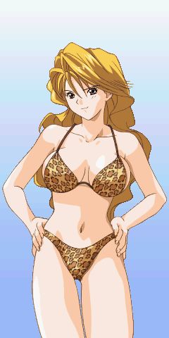 1girl, animal_print, bikini, black_eyes, blonde_hair, breasts, christine_garland, looking_at_viewer