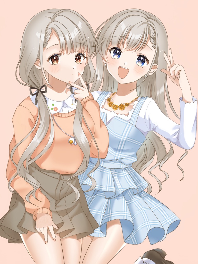 2girls, :d, arm_up, blue_dress, blue_eyes, bobby_socks, braid, brown_eyes