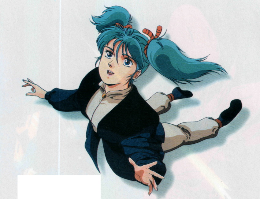 80s, afterlife, blue_eyes, blue_hair, char's_counterattack, floating, flying, gundam