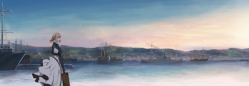 1girl, absurdres, animal, bird, blonde_hair, blue_eyes, blue_jacket, blue_sky