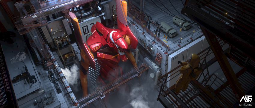 absurdres, antares_cao, catwalk, eva_02, from_above, grand_scale, hazmat_suit, highres, mecha, mecha_focus, military_truck, military_vehicle, motor_vehicle, neon_genesis_evangelion, nerv, reflection, robot, scenery, science_fiction, steam, truck