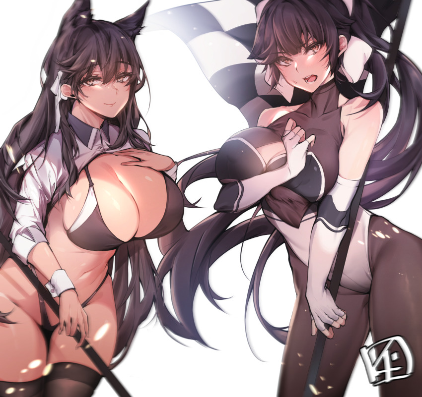 2girls, absurdres, animal_ears, atago_(azur_lane), atago_(stunning_speedster)_(azur_lane), azur_lane, bikini, black_hair