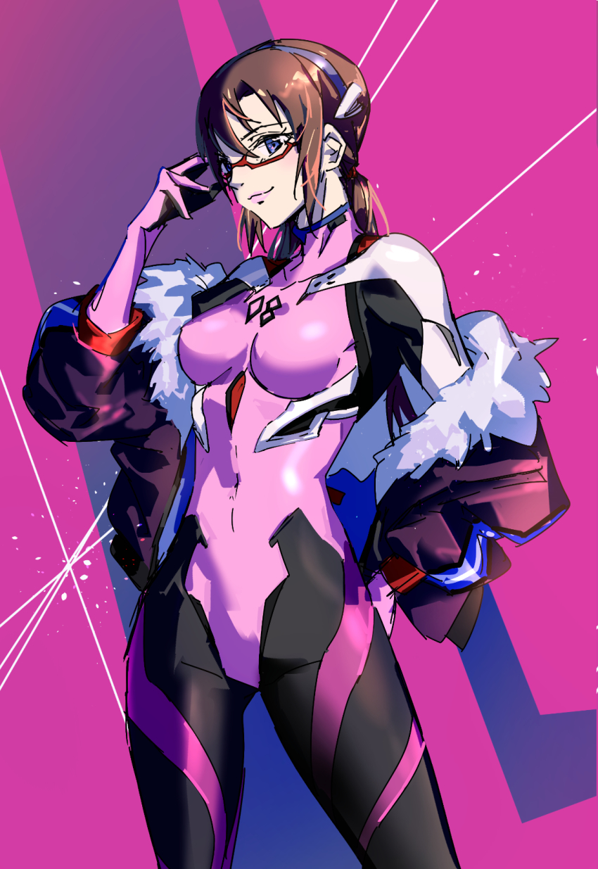 1girl, blue_eyes, brown_hair, glasses, gluteal_fold, highres, interface_headset_(evangelion), jacket