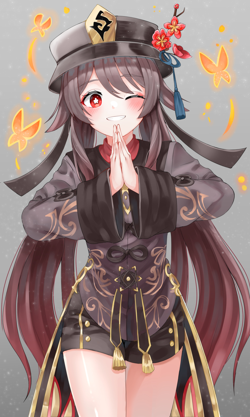 1girl, ;), absurdres, black_hat, black_shorts, blush, brown_hair, brown_shirt, bug, butterfly, chinese_clothes, commentary, flower, genshin_impact, gradient_hair, grin, hat, hat_flower, highres, hu_tao_(genshin_impact), insect, long_hair, long_sleeves, looking_at_viewer, multicolored_hair, nun_nu, one_eye_closed, own_hands_together, red_eyes, red_flower, red_hair, red_shirt, shirt, short_shorts, shorts, smile, solo, standing, star-shaped_pupils, star_(symbol), symbol-shaped_pupils, tassel, teeth, undershirt, very_long_hair, wide_sleeves, yellow_butterfly
