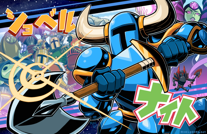 1girl, 6+boys, armor, artist_name, black_armor, black_knight_(shovel_knight), blue_armor, colored_skin