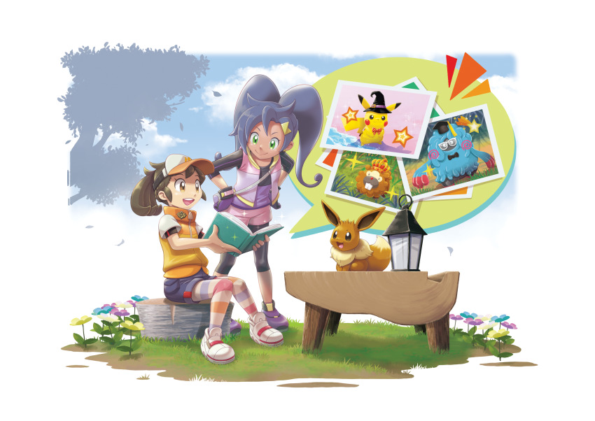 2girls, :3, absurdres, artist_request, bag, bidoof, black_eyes, black_headwear