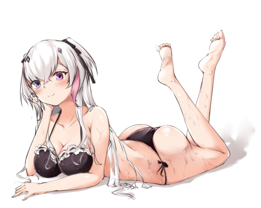 1girl, ass, barefoot, bikini, black_bikini, blue_eyes, blush, breasts, cleavage, collarbone, female_focus, hand_on_own_cheek, hand_on_own_face, head_tilt, hecatia_astarte, heterochromia, indie_virtual_youtuber, long_hair, lying, medium_breasts, on_stomach, purple_eyes, silver_hair, smile, soles, solo, swimsuit, tutian_zhu_yuchen, two_side_up, virtual_youtuber, wet