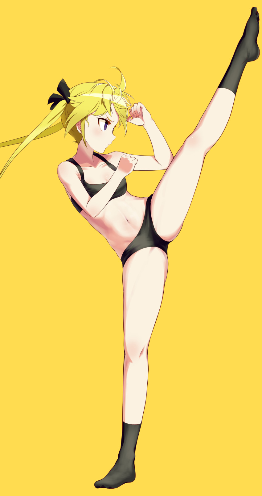 1girl, absurdres, black_socks, black_sports_bra, blonde_hair, blue_eyes, blush, bra, breasts, cereal_(cerealoekaki), closed_mouth, collarbone, crotch, full_body, groin, hair_ornament, hair_ribbon, high_kick, highres, kicking, kill_me_baby, navel, panties, ribbon, simple_background, small_breasts, socks, solo, sonya_(kill_me_baby), sports_bra, spread_legs, twintails, underwear, underwear_only, yellow_background