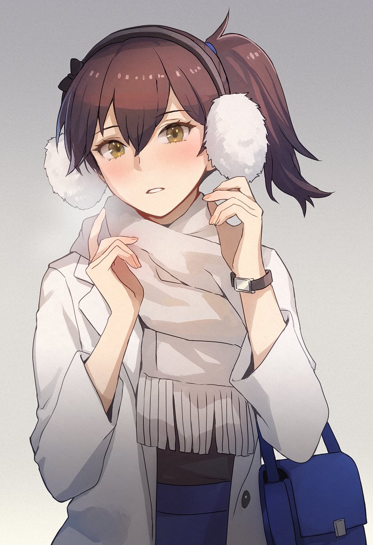 1girl, alternate_costume, bag, blush, brown_eyes, brown_hair, coat, earmuffs