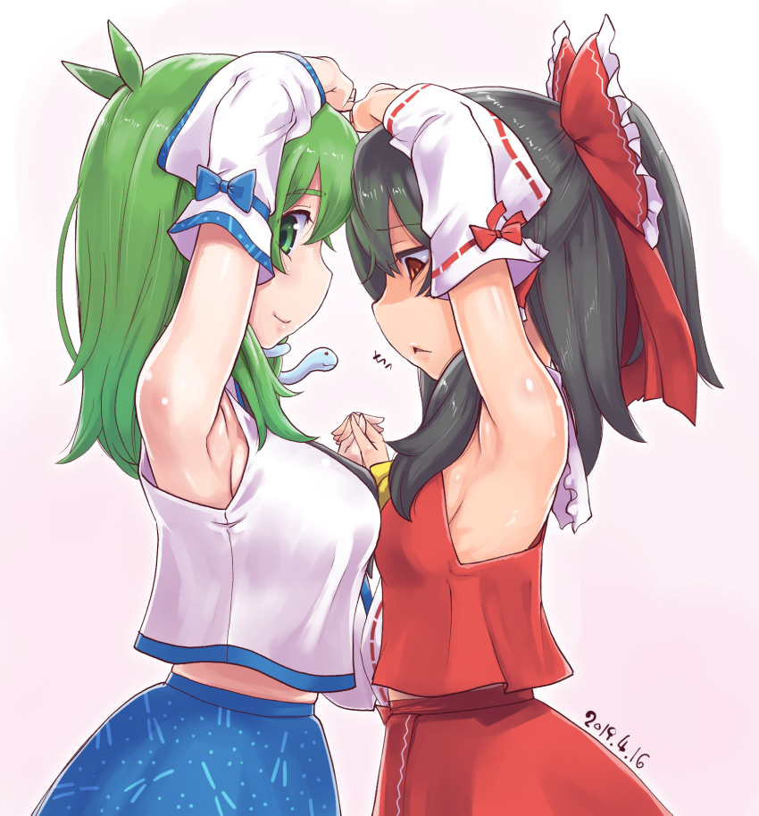2girls, :<, annoyed, antenna_hair, arm_up, armpits, ascot, black_hair