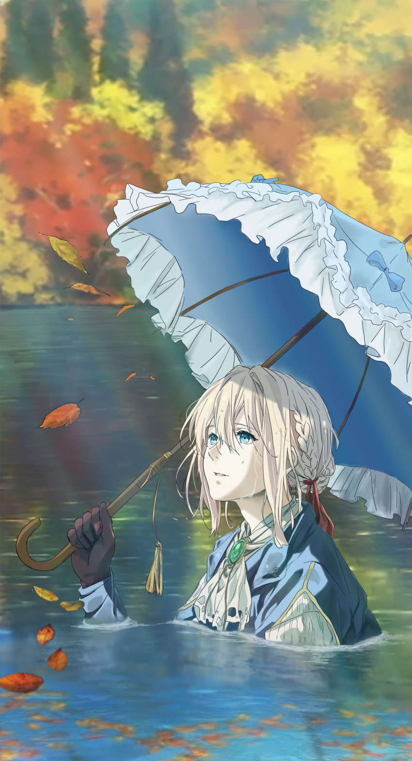 1girl, absurdres, autumn_leaves, blonde_hair, blue_eyes, blue_jacket, blue_umbrella, braid, braided_bun, brooch, brown_gloves, chinese_commentary, commentary_request, day, dress, from_side, gloves, hair_between_eyes, hair_bun, hair_intakes, hair_ribbon, highres, holding, holding_umbrella, in_water, jacket, jewelry, leaf, light, long_hair, long_sleeves, looking_up, neckerchief, outdoors, parted_lips, puffy_long_sleeves, puffy_sleeves, red_ribbon, ribbon, saoirse, smile, solo, sunlight, umbrella, upper_body, violet_evergarden, violet_evergarden_(series), water, wet, wet_clothes, wet_hair, white_neckerchief