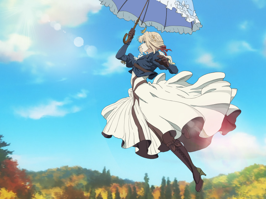 1girl, absurdres, arm_up, blonde_hair, blue_eyes, blue_jacket, blue_sky, blue_umbrella