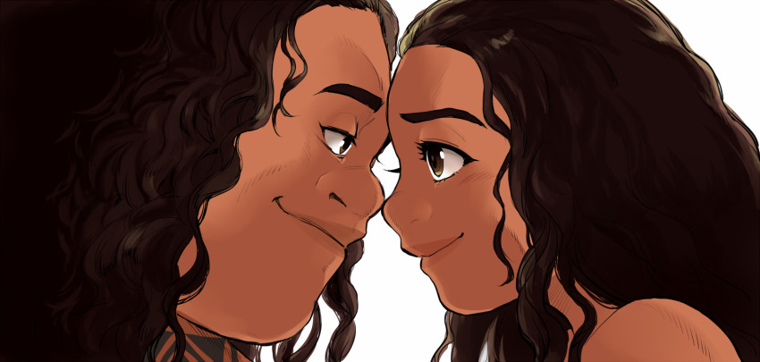 1boy, 1girl, bare_shoulders, black_eyes, black_hair, brown_eyes, closed_mouth, couple, dark-skinned_female, dark-skinned_male, dark_skin, eye_contact, forehead-to-forehead, from_side, half-closed_eyes, heads_together, hetero, highres, lips, long_hair, looking_at_another, maui_(disney), maui_(moana), moana_(movie), moana_waialiki, neck_tattoo, noses_touching, pano_(mohayayamai), simple_background, smile, tattoo, thick_eyebrows, tribal_tattoo, wavy_hair, white_background