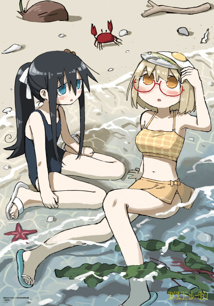 2girls, absurdres, beach, bikini, bikini_skirt, black_hair, blonde_hair, blue_eyes, crab, egg, fish, flip-flops, glasses, highres, multiple_girls, mushroom, official_art, one-piece_swimsuit, orange_eyes, ponytail, sandals, seaweed, starfish, swimsuit, tsukishima_shijima, tsukumizu, water, yamashita_majime