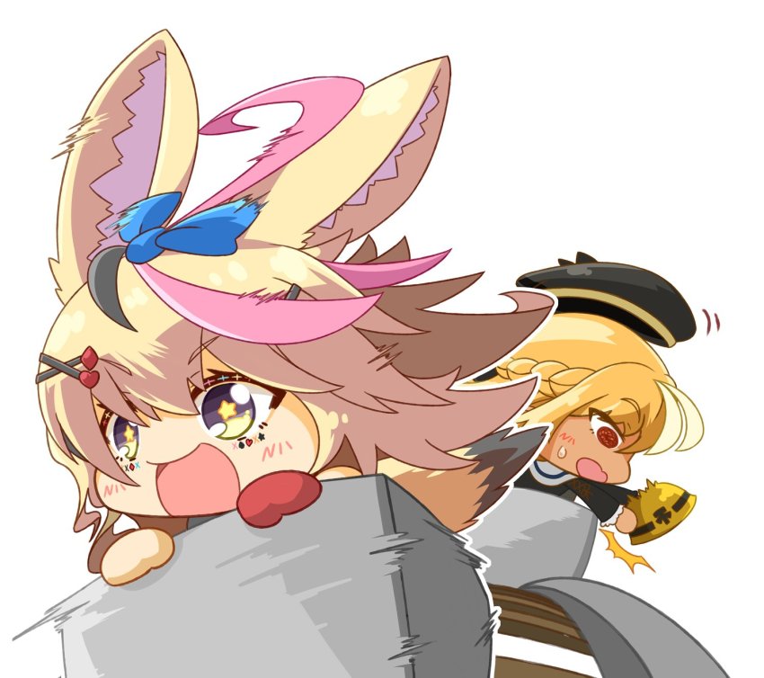 :d, animal_ear_fluff, animal_ears, beret, black_hair, blonde_hair, blush, bow