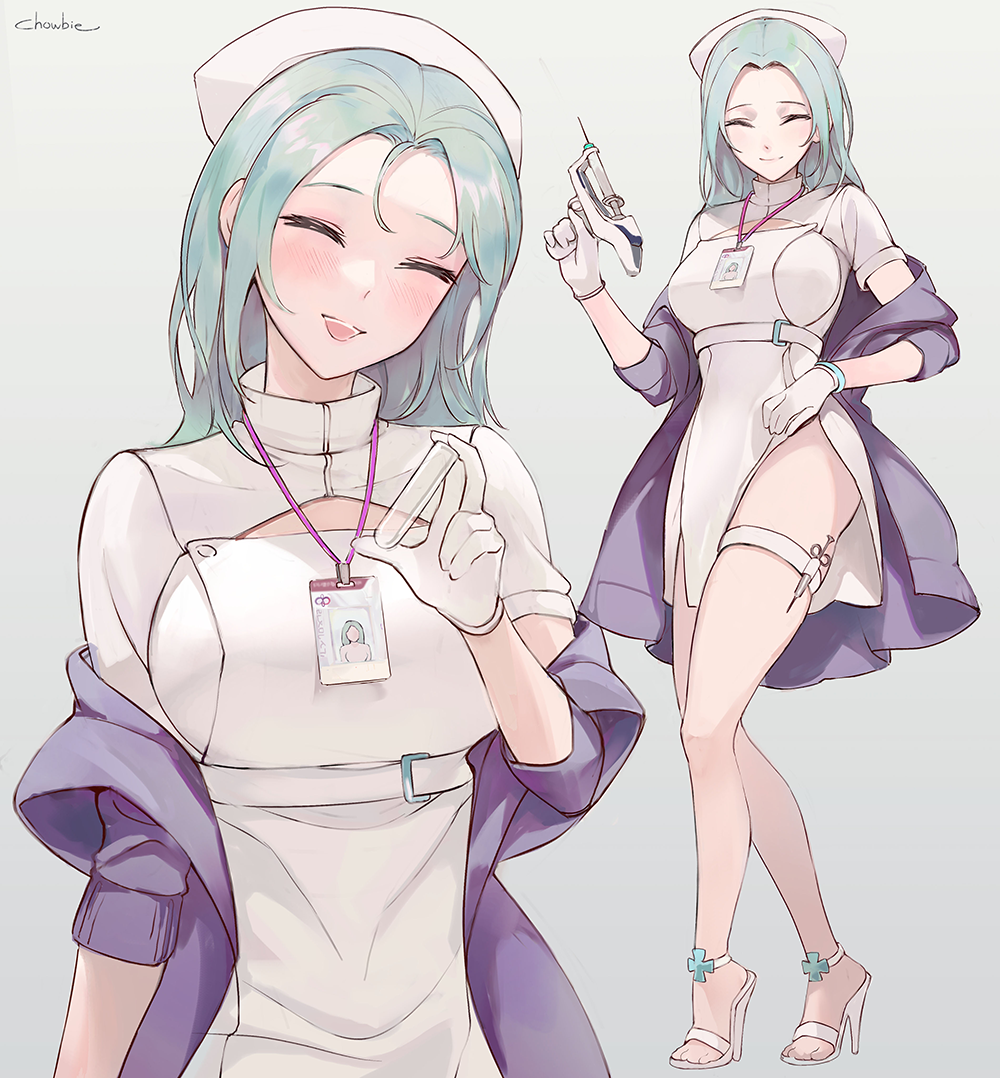 1girl, aqua_hair, bare_legs, belt, blush, bracelet, breasts, chowbie, closed_eyes, closed_mouth, clothing_cutout, commentary, dress, gloves, grey_background, hat, head_tilt, high_heels, holding, holding_syringe, holding_test_tube, id_card, jacket, jewelry, large_breasts, leg_strap, long_hair, multiple_views, name_tag, nurse, nurse_cap, off_shoulder, open_mouth, original, parted_bangs, purple_jacket, short_sleeves, side_slit, signature, simple_background, smile, syringe, syringe_gun, teeth, test_tube, thigh_strap, upper_teeth_only, white_belt, white_dress, white_footwear, white_gloves, white_headwear