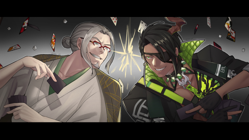 2boys, aragami_oga, arurandeisu, black_gloves, black_hair, blue_eyes, brown_horns, card