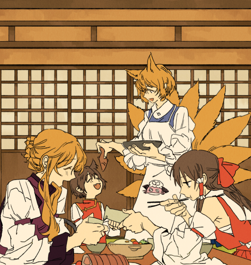 4girls, alternate_hairstyle, animal_ears, apron, blonde_hair, blouse, bow, brown_hair, cat_ears, cat_tail, chen, chopsticks, closed_eyes, cup, detached_sleeves, dress, eating, fang, food, fox_ears, fox_tail, hakurei_reimu, highres, holding, holding_bow_(ornament), holding_chopsticks, holding_cup, huang_gua, indoors, long_hair, long_sleeves, missing_headwear, multiple_girls, multiple_tails, open_mouth, pouring, print_apron, red_shirt, shirt, short_hair, short_hair_with_long_locks, shouji, sleeves_rolled_up, sliding_doors, smile, tabard, table, tail, tokkuri, touhou, upper_body, white_dress, wide_sleeves, yakumo_family_(touhou), yakumo_ran, yakumo_yukari, yakumo_yukari_(axolotl)