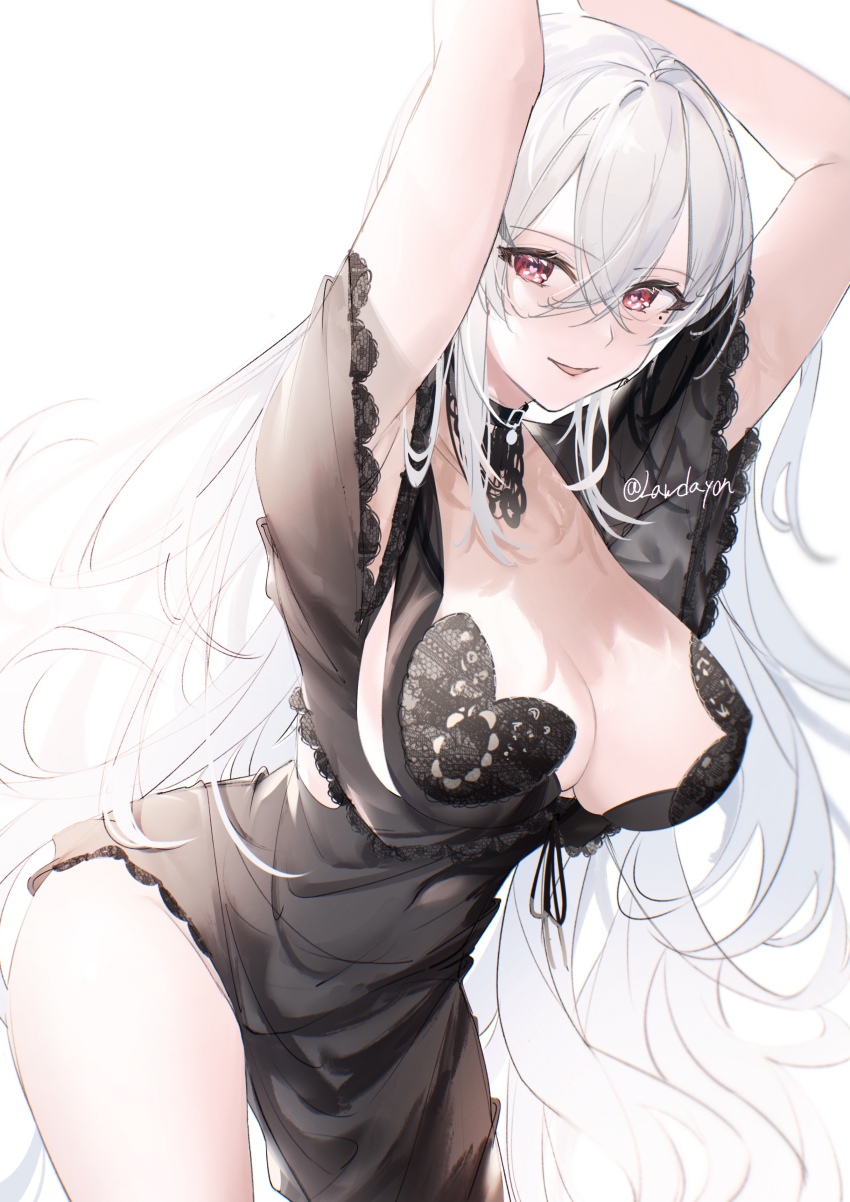 1girl, absurdres, arms_up, azur_lane, bare_shoulders, black_dress, blush, breasts, cleavage, dress, gangut_(azur_lane), gangut_(keeper_of_the_firewater)_(azur_lane), highres, large_breasts, laudayon, long_hair, looking_at_viewer, official_alternate_costume, red_eyes, signature, silver_hair, smile, solo