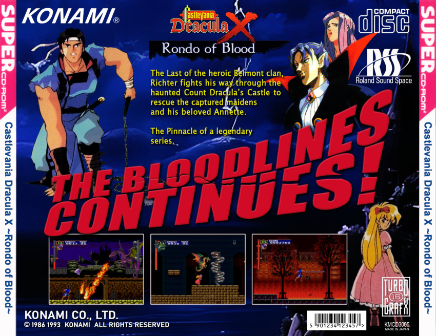 1990s_(style), aged_down, annette_(castlevania), castlevania:_rondo_of_blood, castlevania_(series), cd_case, cover, dracula, konami, maria_renard, retro_artstyle, richter_belmont, turbografx_16, video_game_cover