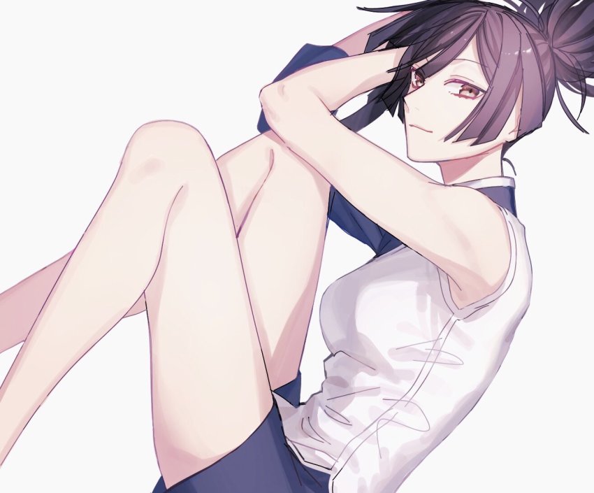 1girl, ai_jgkrk, bare_arms, bare_legs, bare_shoulders, black_eyes, black_hair, blue_shorts, eyebrows, eyelashes, female_focus, hair_between_eyes, high_ponytail, jigokuraku, light_smile, long_hair, looking_at_viewer, ponytail, shirt, short_shorts, shorts, sleeveless, solo, solo_focus, white_background, white_shirt, yuzuriha_(jigokuraku)