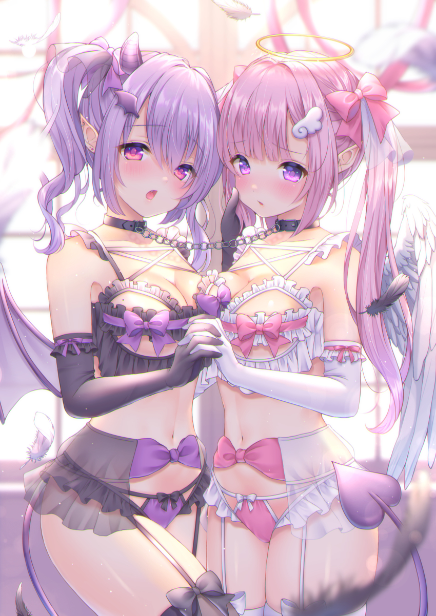 2girls, absurdres, angel, angel_and_devil, angel_wings, bare_shoulders, black_bra, black_choker, black_gloves, black_legwear, black_panties, bra, breasts, chain, choker, cleavage, demon_girl, demon_horns, demon_tail, demon_wings, elbow_gloves, feathered_wings, feathers, frilled_bra, frilled_panties, frills, garter_straps, gloves, hair_ornament, halo, highres, holding_hands, horns, lingerie, long_hair, looking_at_viewer, medium_breasts, mole, mole_on_breast, multiple_girls, navel, original, panties, pink_eyes, pink_hair, pointy_ears, purple_eyes, purple_hair, skindentation, stomach, tail, thighhighs, thighs, top_of_moe_2021, twintails, underwear, underwear_only, white_bra, white_gloves, white_legwear, white_panties, wing_hair_ornament, wings, yuyuko_(yuyucocco)