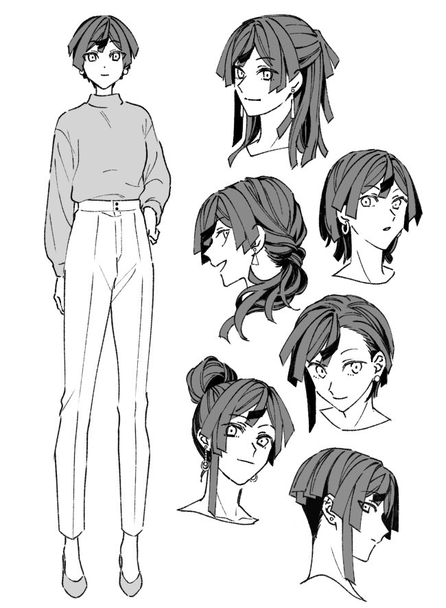 1girl, ai_jgkrk, alternate_hairstyle, black_hair, curly_hair, ear_piercing, earrings, eyebrows, eyelashes, female_focus, hair_between_eyes, hoop_earrings, jewelry, jigokuraku, long_hair, long_sleeves, monochrome, piercing, ponytail, profile, short_hair, three-quarter_sleeves, smile, solo, solo_focus, standing, sweater, white_background, yuzuriha_(jigokuraku)