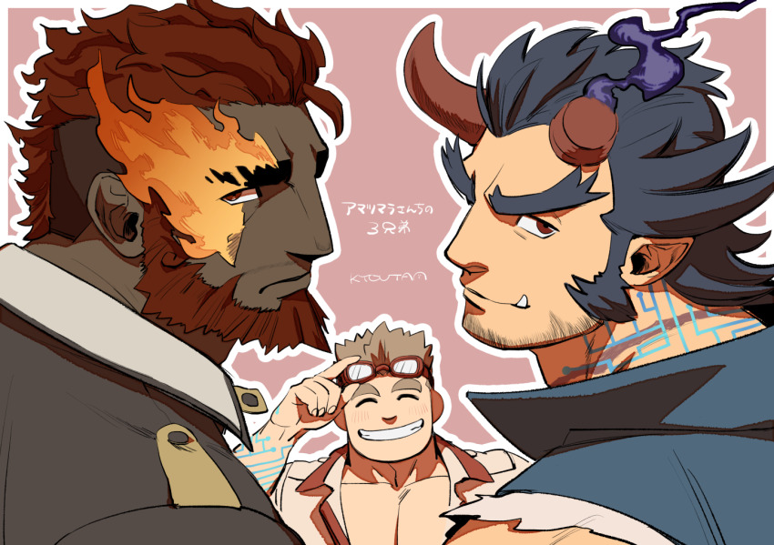3boys, bara, beard, broken_horn, demon_boy, demon_horns, facial_hair, fang