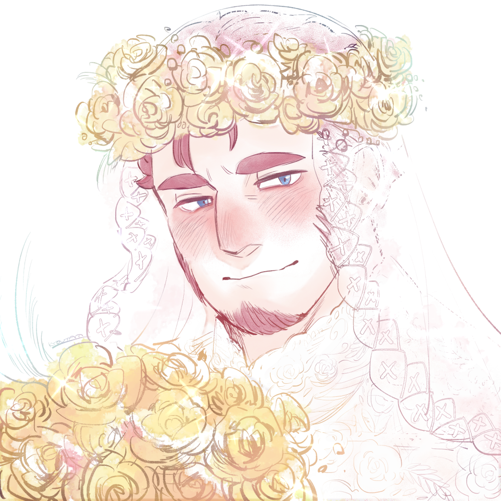 1boy, blush, bouquet, bridal_veil, brown_hair, claude_(housamo), crossdressing, crossdressing_(mtf)