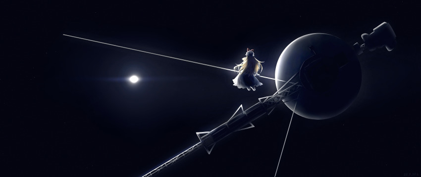 1girl, absurdres, antennae, blonde_hair, blurry, dark, dated, dress