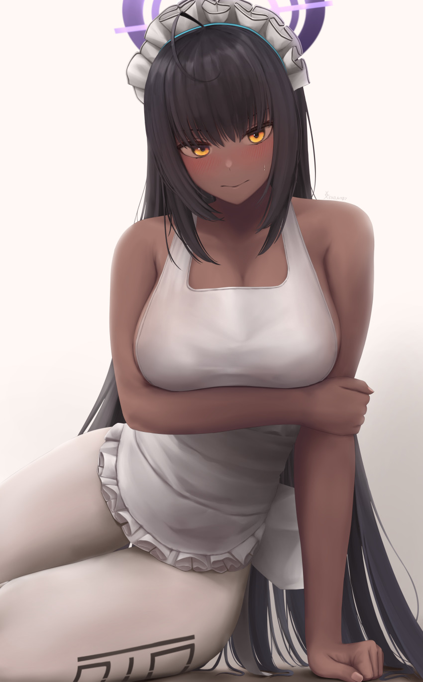 1girl, absurdres, apron, bare_shoulders, black_hair, blue_archive, blush, breasts
