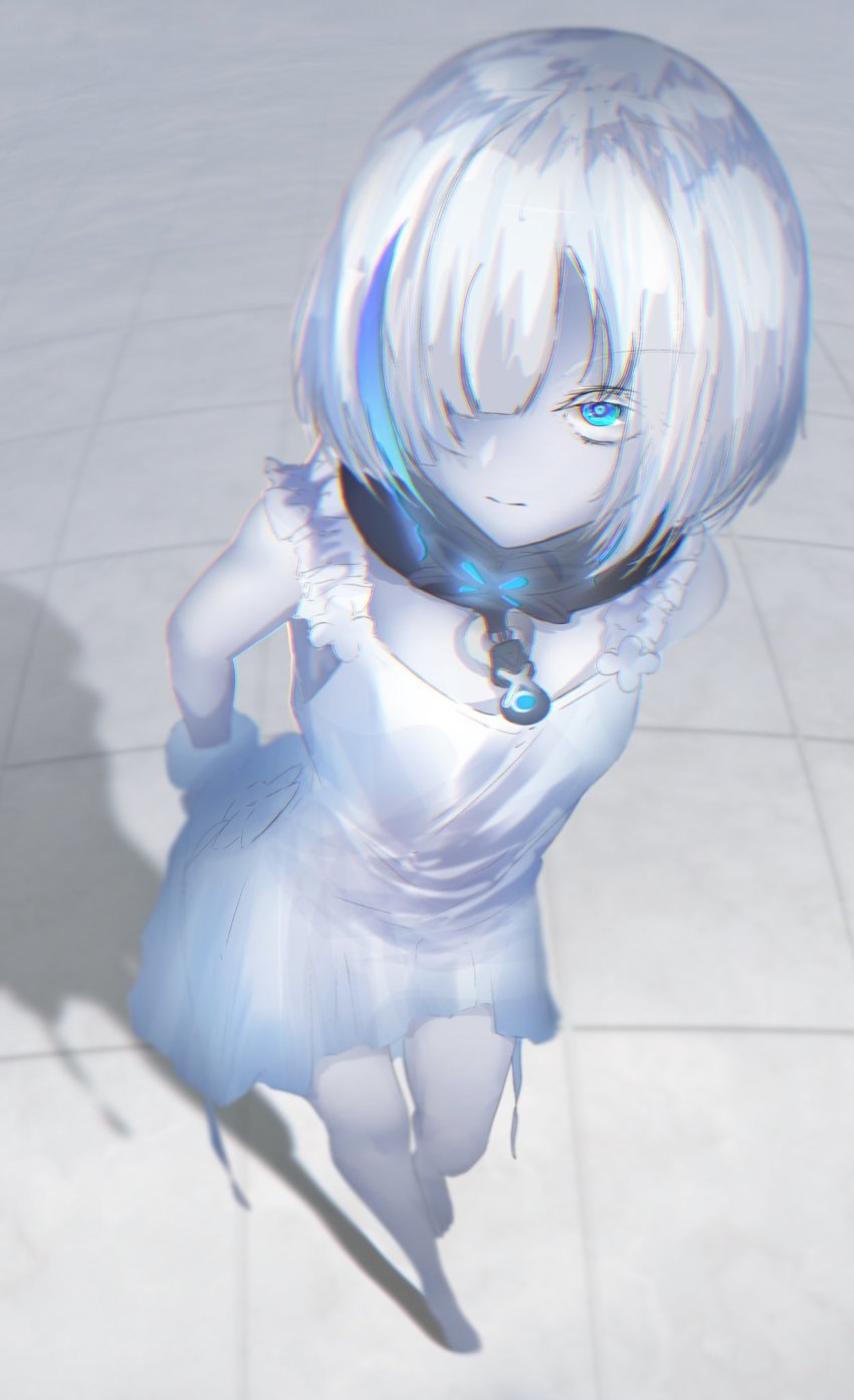 arms_behind_back, azur_lane, barefoot, blue_eyes, breasts, collar, colored_skin, dress