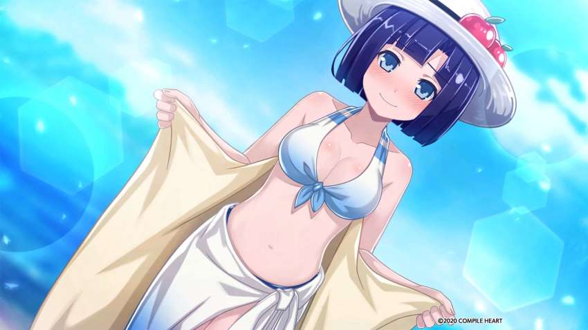 1girl, bikini, blue_eyes, blue_hair, blunt_bangs, blush, front-tie_bikini_top, front-tie_top, halterneck, hat, heavy_lens_flare, highres, lens_flare, looking_at_viewer, mary_skelter, nanameda_kei, ocean, shirayuki_hime_(mary_skelter), solo, source_request, swimsuit, white_hat