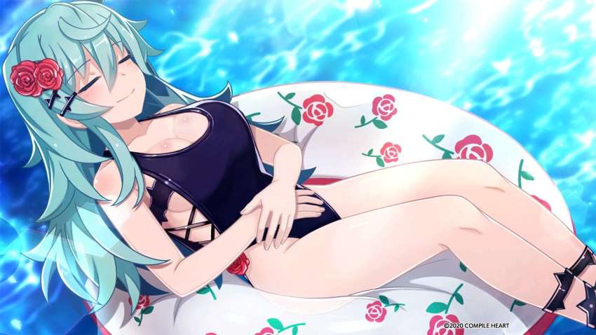 1girl, blue_one-piece_swimsuit, blush, breasts, flower, green_hair, hair_between_eyes, hair_flower