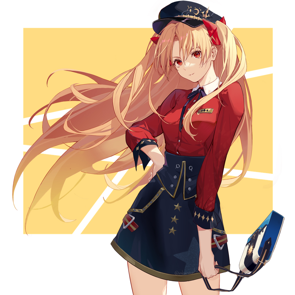 1girl, bag, black_skirt, blonde_hair, blue_headwear, blue_ribbon, bow, closed_mouth, collared_shirt, dress_shirt, ereshkigal_(fate), ereshkigal_(under_the_same_sky)_(fate), fate/grand_order, fate_(series), floating_hair, hair_bow, handbag, long_hair, looking_at_viewer, neck_ribbon, ribbon, sakanasoko, shirt, skirt, uniform