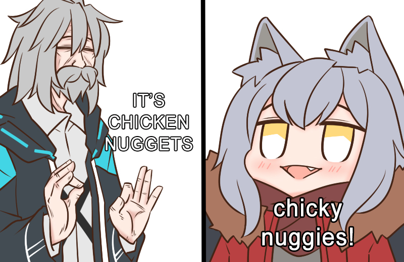 1boy, 1girl, :d, animal_ear_fluff, animal_ears, arknights, beard, black_jacket, blush, brown_scarf, closed_eyes, collared_shirt, commentary, doctor_(arknights), dress_shirt, english_commentary, english_text, eyebrows_hidden_by_hair, facial_hair, fang, fur-trimmed_jacket, fur_trim, grey_hair, grey_shirt, guin_guin, hair_between_eyes, jacket, long_sleeves, me_explaining_to_my_mom_(meme), meme, mustache, open_clothes, open_jacket, open_mouth, projekt_red_(arknights), red_jacket, scarf, shirt, smile, triangle_mouth, yellow_eyes