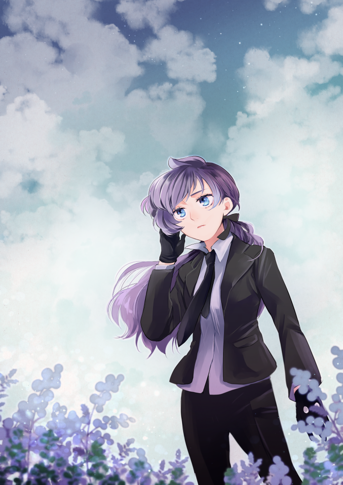 1girl, anabel_(pokemon), black_gloves, black_jacket, cloud, cloudy_sky, collared_shirt, day