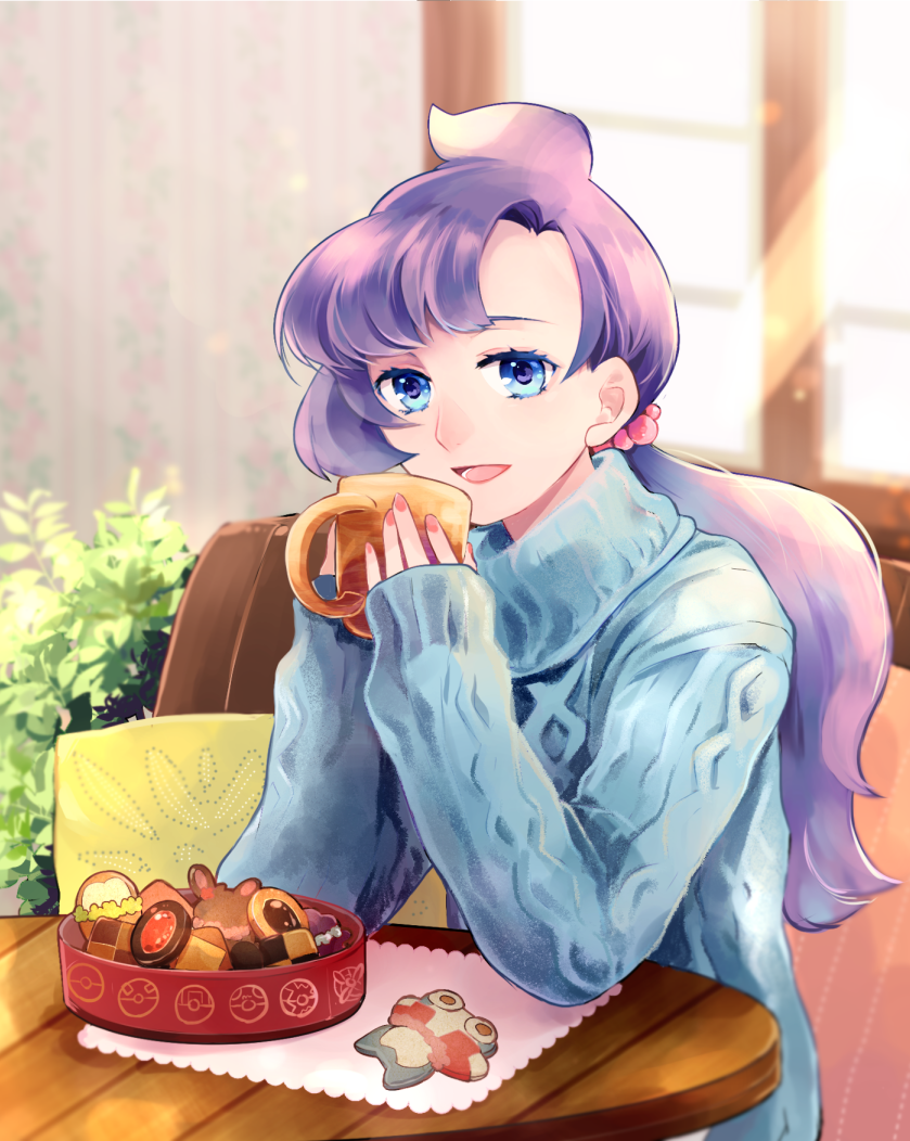 1girl, anabel_(pokemon), blue_sweater, cookie, cup, food, gen_1_pokemon, hair_tie